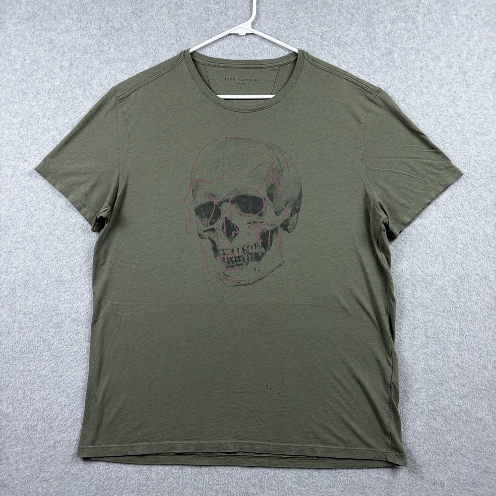 John Varvatos T Shirt Mens Large Green Graphic Skull Slub Cotton Distressed Crew